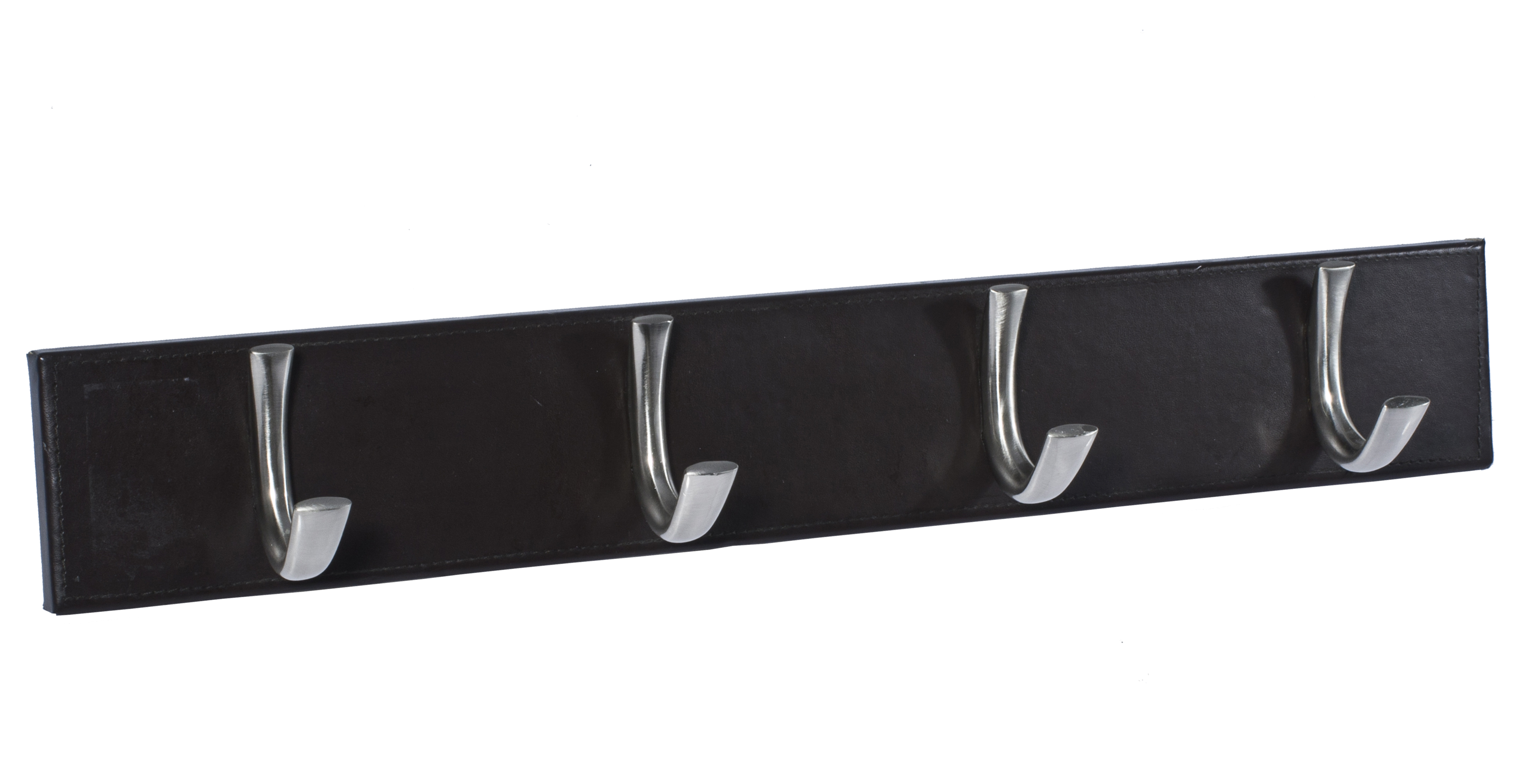 4 Small Rib Hook Faux Leather Rail, Satin Nickel Effect & Dark Brown